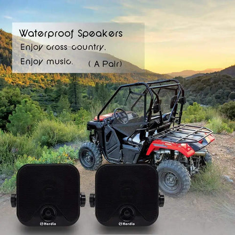 Rock Hard 4 Inch Marine Grade Box Pods Built To Crush It Every Single Day With Hella Tough Waterproof Seals For ATV UTV Golf Carts Boats And Pickup Trucks, pair of compact waterproof speakers near ATV.