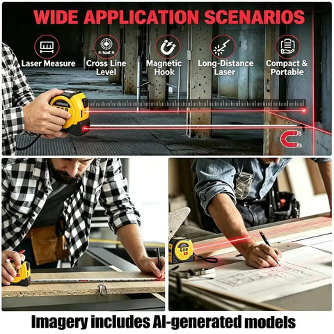 3-in-1 Laser Tape Measure 40M/131FT Rangefinder with 16Ft Tape&Cross Line,Laser Distance Meter for Area/Volume/Pythagorean-Battery Powered-131FT Yellow in use on various materials.