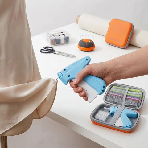 Handheld No Sew Clothing Repair Tool With Seven Color Fasteners in use on a silk garment hem for quick repairs.
