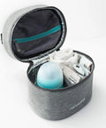 Keep It Chill On The Fly Breastmilk Bottle Cooler Travel Bag With Included Freezing Insert, grey compact carrier open with contents.