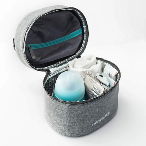 Keep It Chill On The Fly Breastmilk Bottle Cooler Travel Bag With Included Freezing Insert, grey compact carrier open with contents.