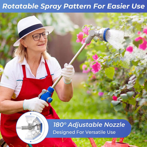 Two Pack Watering Wand With Nine Adjustable Spray Patterns, 16-Inch Metal Hose Nozzle used by woman for garden