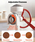 Old School Hand Crank Grain Mill With Flywheel showing adjustable fineness for grinding coffee beans with 0.53 gallon hopper.