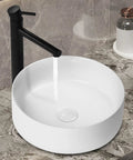 Ceramic Vessel Sink Set 14.4 Inch Round Matte White Above Counter Basin With Faucet And Pop Up Drain Modern Bathroom Vanity Bowl