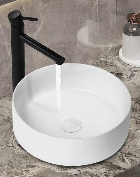 Ceramic Vessel Sink Set 14.4 Inch Round Matte White Above Counter Basin With Faucet And Pop Up Drain Modern Bathroom Vanity Bowl