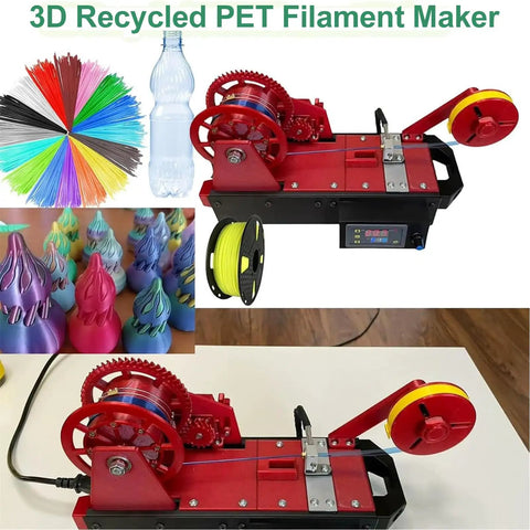 Desktop 3D Printer Filament Maker That Recycles PET Bottles Into Smooth Cord with LCD display and various colored coils.