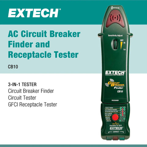 Image of Extech AC Circuit Breaker Finder and Receptacle Tester for DIY Lovers and Pros with GFCI outlet testing capabilities.