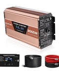 2000 Watt Pure Sine Wave Power Inverter 4000 Watt Peak Converter showing LCD display and remote control with cables.