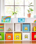 120 Pack School Bus Name Tags In 6 Cartoon Styles For Classroom Use displayed on labeled cubbies in a colorful children's room