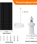 Solar Panel Charger For Google Nest Camera 2 Pack Upgraded Outdoor Indoor Battery Version Flexible Panels With IP65 Waterproof 13.1 Ft Charging Cable Included, showing panel dimensions, cable, screws, and wall bracket.