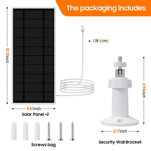 Solar Panel Charger For Google Nest Camera 2 Pack Upgraded Outdoor Indoor Battery Version Flexible Panels With IP65 Waterproof 13.1 Ft Charging Cable Included, showing panel dimensions, cable, screws, and wall bracket.