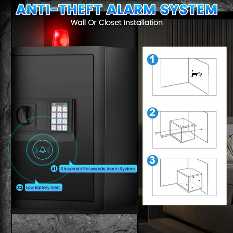 Beefy Home Safe 3.3 Cu Ft Digital Security Safe Box With Smart Alarm System and installation guide, wall mount illustration