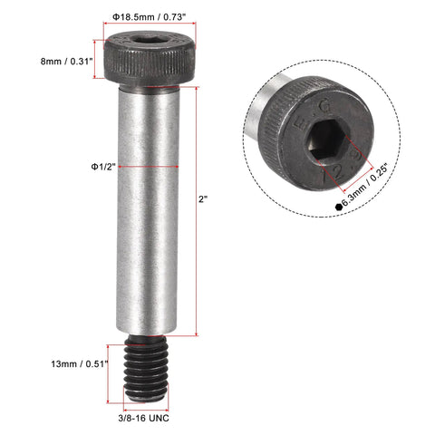 Alloy Steel Hex Socket Head Shoulder Bolts Thread Size Three Eighths By Sixteen UNC Two Inch Shoulder Length One Half Inch Shoulder Diameter Heavy Duty Two Pack High Torque Shoulder Screws For Machinery And Mechanical Assemblies.