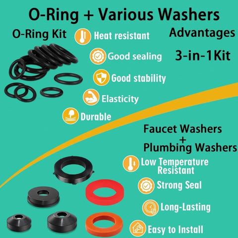 All In One Faucet Washer Kit With O Rings And Plumbing Gaskets, 1075 Piece Universal Rubber Washers Set With Heat Resistant O-Rings