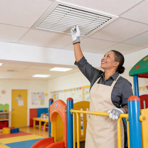 Person adjusting Smooth 39 Inch Aluminum Louvered Ceiling Vent Covers For No Sweat HVAC Air Return Installation in a classroom.