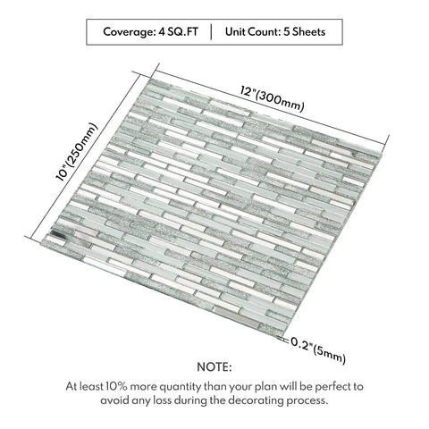 Peel And Stick Mirror Tile Strips Mosaic For Kitchen Backsplash, Silver Crystal Glass Tiles, 12x10 Inches Sheet Displayed