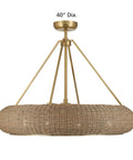 Stunning Handwoven White Seagrass Fandelier Ceiling Fan With No Sweat Remote And Four Warm Brass Shades For A Super Chill Coastal Living Room Refresh, showing 40" diameter, 47" height.