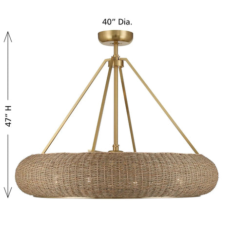 Stunning Handwoven White Seagrass Fandelier Ceiling Fan With No Sweat Remote And Four Warm Brass Shades For A Super Chill Coastal Living Room Refresh, showing 40" diameter, 47" height.