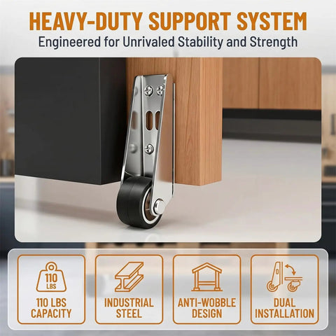 Heavy Duty Vertical Track Roller Wheels For Sliding Barn Doors And Home Cabinets Anti Wobble Bottom Guide Casters installed on wood.