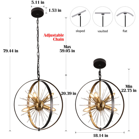 Gold And Black 6 Light Sputnik Globe Chandelier With Rotatable Spheres For Foyer Dining Living Room Bedroom And Kitchen Island Dope Retro Orb Pendant Lighting Fixture with size dimensions and adjustable chain detail.