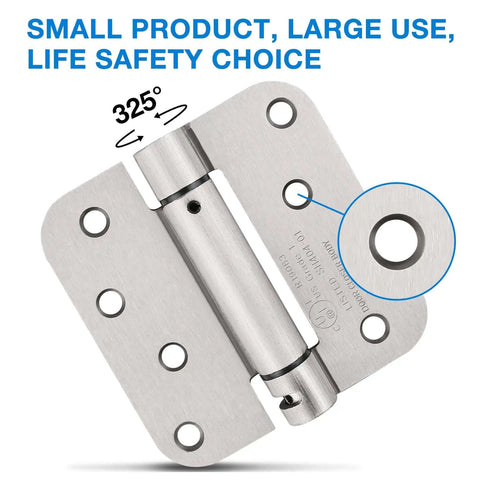 Beefy Self Closing Door Hinges Satin Nickel Finish 4x4 Inch Spring Loaded 5/8 Radius Exterior Use 8-Hole for Wood Doors