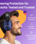 Model wearing Over 35 dB Noise Reduction Hearing Protection Ear Muffs for Adults and Teens, side view, purple background
