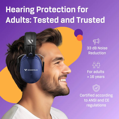 Model wearing Over 35 dB Noise Reduction Hearing Protection Ear Muffs for Adults and Teens, side view, purple background
