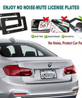 Back view of car with Carbon Pattern Aluminum License Plate Frame, Beefy Heavy Duty Black Car Tag Holder With Slim Front And Rear Mounts, Rust And Weather Resistant, 1.6mm Thick Aluminum, Includes Screws Bolts Nuts And Rattle Proof Pad