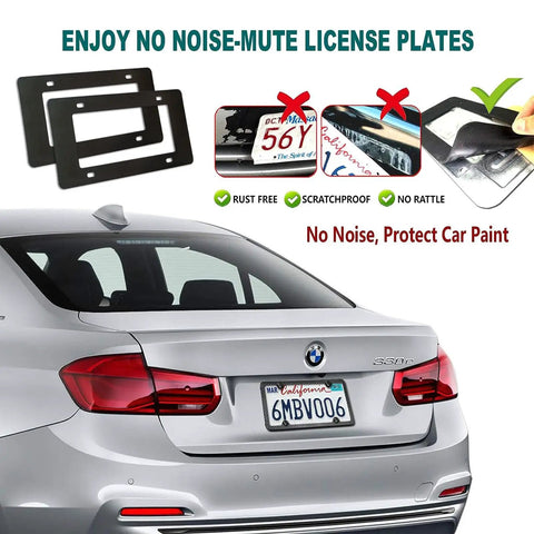 Back view of car with Carbon Pattern Aluminum License Plate Frame, Beefy Heavy Duty Black Car Tag Holder With Slim Front And Rear Mounts, Rust And Weather Resistant, 1.6mm Thick Aluminum, Includes Screws Bolts Nuts And Rattle Proof Pad