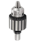 Rock Solid Heavy Duty Magnetic Drill Chuck With 5/8 Inch Capacity And 3/4 Inch Weldon Shank Adapter For Zero Sweat Drill Press Conversion and Straight Shooting Key Type Grip Under Heavy Load, showcasing the metal chuck design.