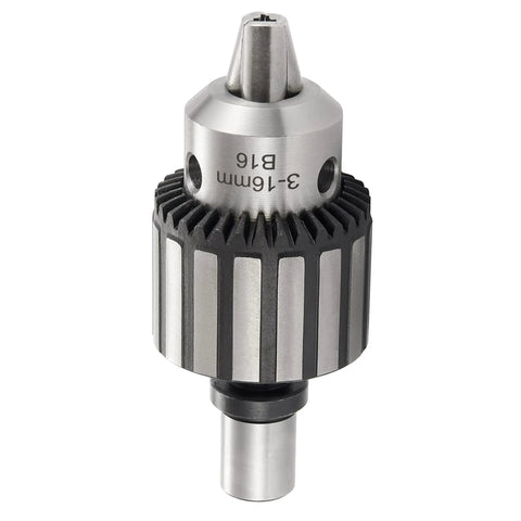 Rock Solid Heavy Duty Magnetic Drill Chuck With 5/8 Inch Capacity And 3/4 Inch Weldon Shank Adapter For Zero Sweat Drill Press Conversion and Straight Shooting Key Type Grip Under Heavy Load, showcasing the metal chuck design.