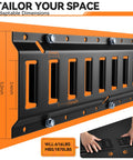 Built Tough E Track Tie Down Rail Kit showing adaptable dimensions with installation example