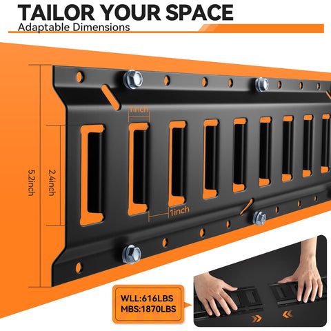 Built Tough E Track Tie Down Rail Kit showing adaptable dimensions with installation example