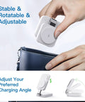 Person placing Traveling Wireless MagSafe 3 in 1 Fast Charging Station into a bag, showing foldable design and adjustable angles.