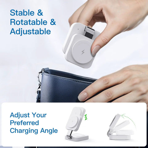 Person placing Traveling Wireless MagSafe 3 in 1 Fast Charging Station into a bag, showing foldable design and adjustable angles.