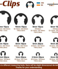 E Clips sizes from 2.5mm to 12mm with dimensions and quantities, part of 360 Pcs Carbon Steel E Clips And Snap Rings Kit
