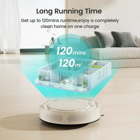 Slim Quiet Robot Vacuum With 2200Pa Suction For Pet Hair, Cleans Hard Floors And Carpets Easily, shown in living room