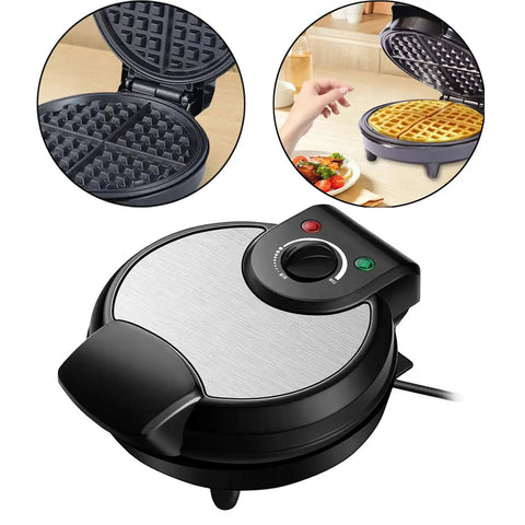 Fonowx Electric Waffle Maker And Sandwich Press 1200W nonstick circular unit with indicator lights and dual cooking plates.