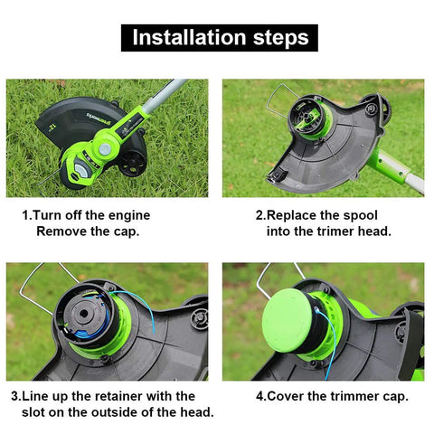 Installation steps for Weed Eater Spools Replacement For Greenworks Trimmers 20V 24V 40V 16 Ft 0.065 Inch Line Fits 21302 21332 21342 3411546A Cap Covers Auto Feed Edger 6 Plus 1 Pack