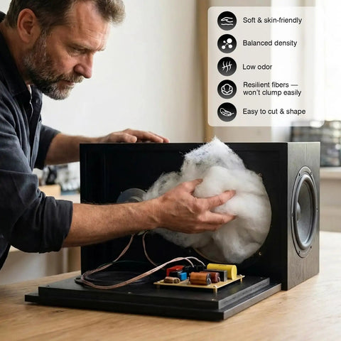 Oversized Heavy Weight Polyester Fiber Speaker Damping Fill Sheet Tough As Nails Acoustic Stuffing For Diy Subwoofer Enclosures Cabinet Repair And Car Audio being placed inside a speaker cabinet by a person.