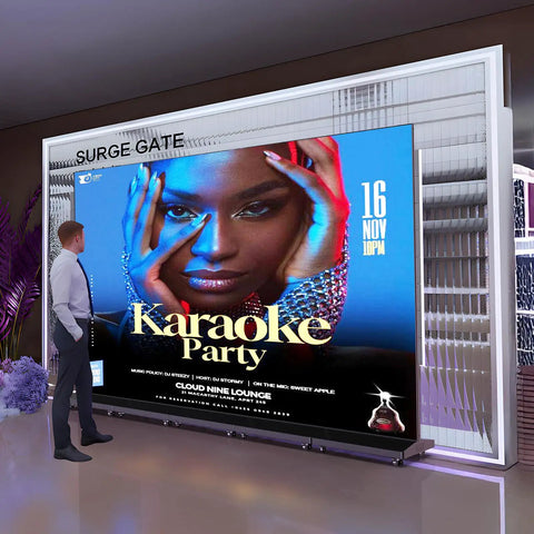Slick Big 80 Inch P1.86 Flexible Led Screen Digital Signage Display Black Duo Pack showcasing Karaoke Party advertisement indoors.
