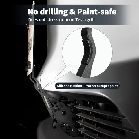 Close-up of Juniper 2026 Model Y License Plate Holder showing no-drill fit with silicone cushion protecting bumper paint.