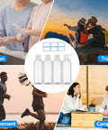 Collage with Four Pack 3.4 Oz Travel Bottles Set for Toiletries at the center surrounded by images of travel, cleaning, movement, and camping.