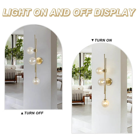 Chic Three Light Globe Glass Wall Sconces With Amber Glass Shades in gold finish, on and off display.