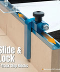 T-Track stop block system for Straight Up Heavy Duty Diy Table Saw Sled Kit, featuring adjustable slide and lock mechanism.