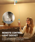 Remote Control Light Socket With Wireless Switch No Wiring Needed shown in use above a living room, highlighting pull chain replacement.