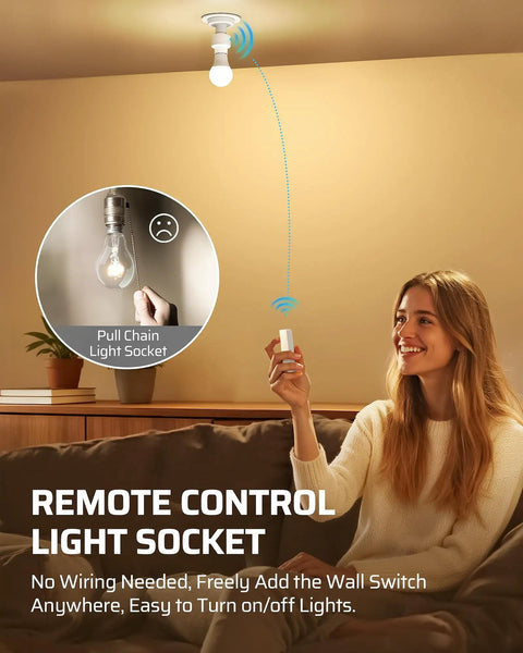 Remote Control Light Socket With Wireless Switch No Wiring Needed shown in use above a living room, highlighting pull chain replacement.