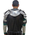 Back view of Medieval Gorget And Pauldrons Armor Set In Steel For Larp And SCA Knights worn by model, crafted steel and leather straps.