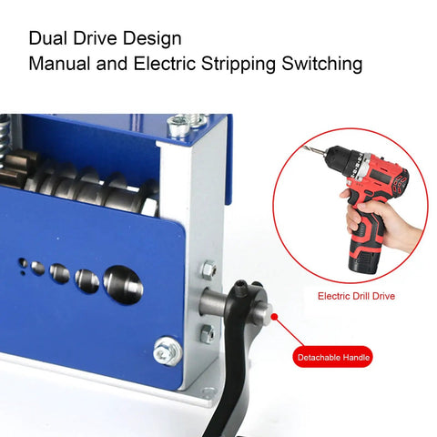 BAFOVY Heavy Duty Wire Stripping Machine Hand Crank Or Drill Powered Cutter showing dual drive design and detachable handle.