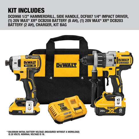 20V Max Cordless Drill Combo Kit With A Straight Beast Hammer Drill And Impact Driver Bundle Including An 8Ah Battery on display with charger and bag.